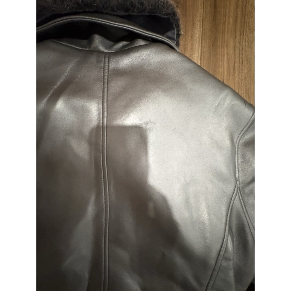 Vintage Urban Vibe Silver Faux Leather Coat Jacket Removable Collar Woman's Sz L - Picture 7 of 7